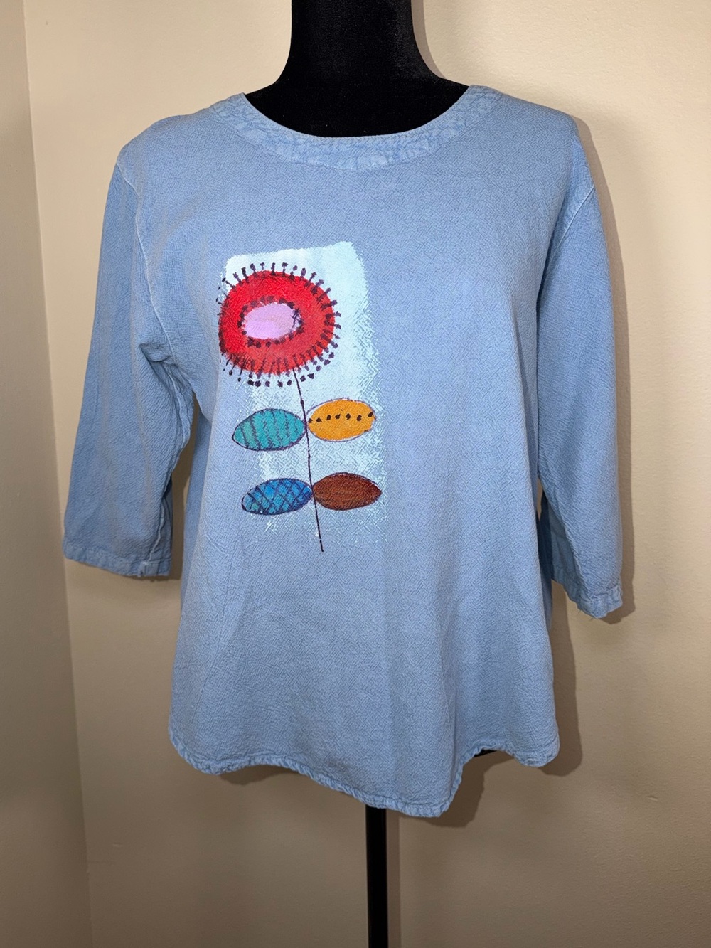 Vintage 90’s Sea Breeze Cotton Floral Watercolor 3/4 Sleeve Top Retro Hippie